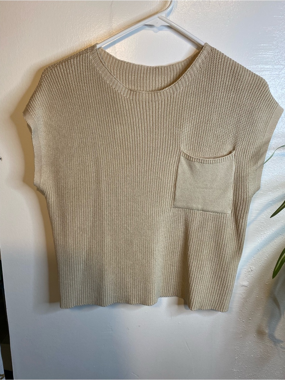 Beige Knit Sleeveless Pocket Top